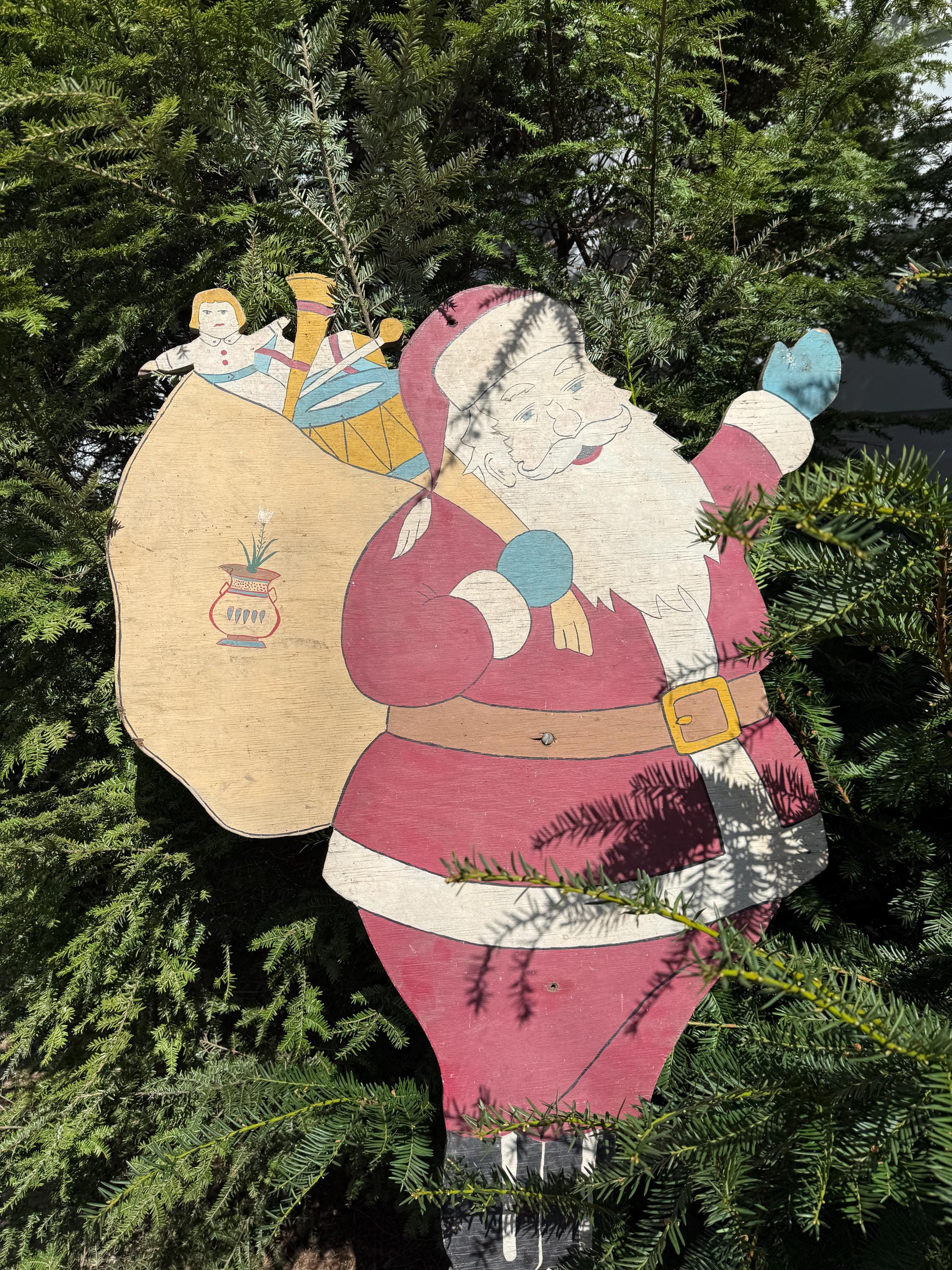 Vintage Mid-Century Hand Painted Wood Santa Claus Yard Decoration Folk Art Christmas Garden Stake Garden Decorations Santa Outdoor Display