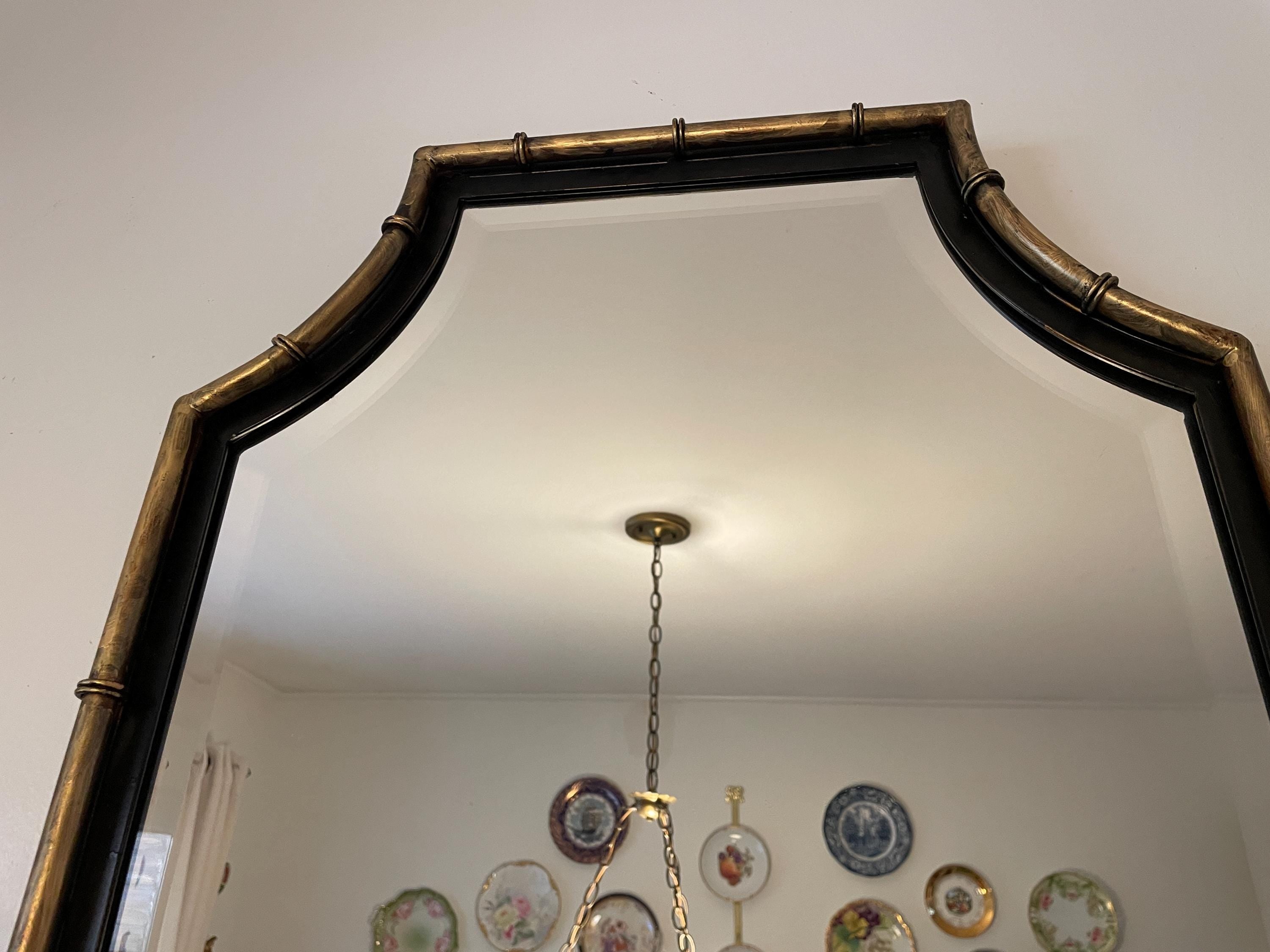 Pair of Horchow Black & Gold Metal Bamboo Design Chinoiserie Wall Hanging Home Decoration Beveled Mirrors Luxurious Home Decoration Mirror