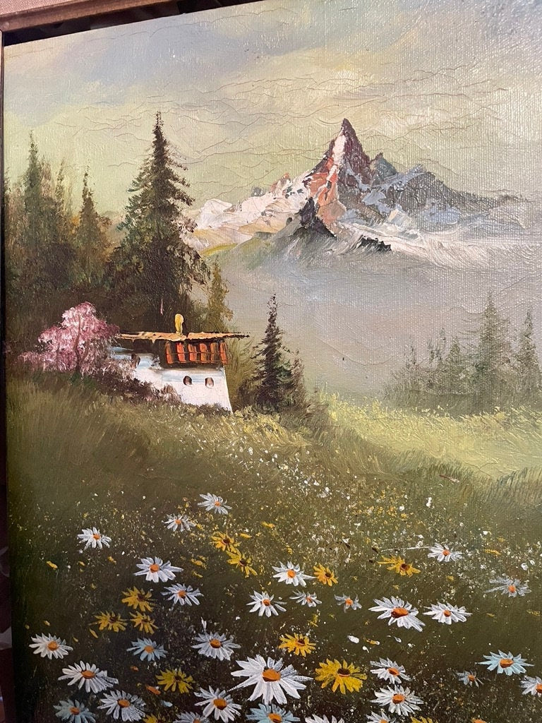 Vintage Nature Scene Oil Painting Wooden Framed Wall Art Colored Painting Landscape  23"19"