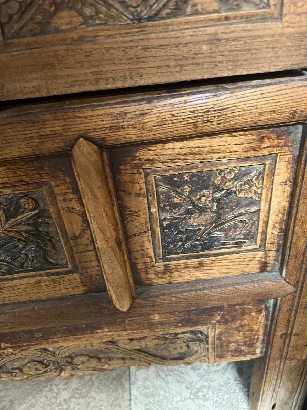 Antique Hand Carved Wood Chest Unique Rustic Floral Panel Design Ornate Storage Cabinet French Farmhouse Style Entryway Furniture Decor