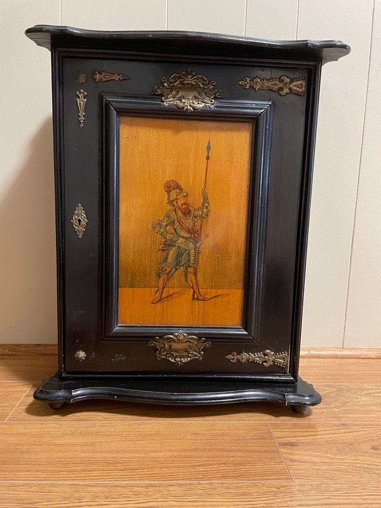 Spanish Style Ebonized / Brass Mounted 19. Century Wall Cabinet.Wood Shelf Nick Knack Wall Display Cabinet Hanging Cabinet H 22"x W 18"
