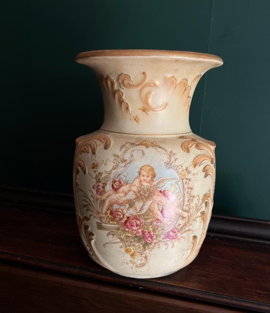 Large Vintage Rococo Vase Cherub Motif Floral Design Ornate Porcelain Gold Accents Decorative Angel Baroque French Style Romantic Chic