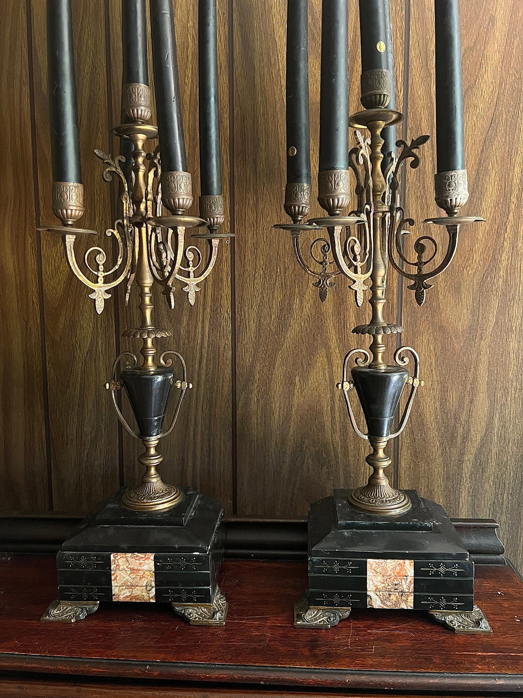 Antique Bronze Black Marble Five Light Candelabra Pair Empire Style Classical Urn Shape Candle Holders Home Decor Regency French Accent