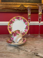Vintage Set of 4 Royal Albert Gold Pink Floral Design Cups Saucers Dessert Plates.Made in England
