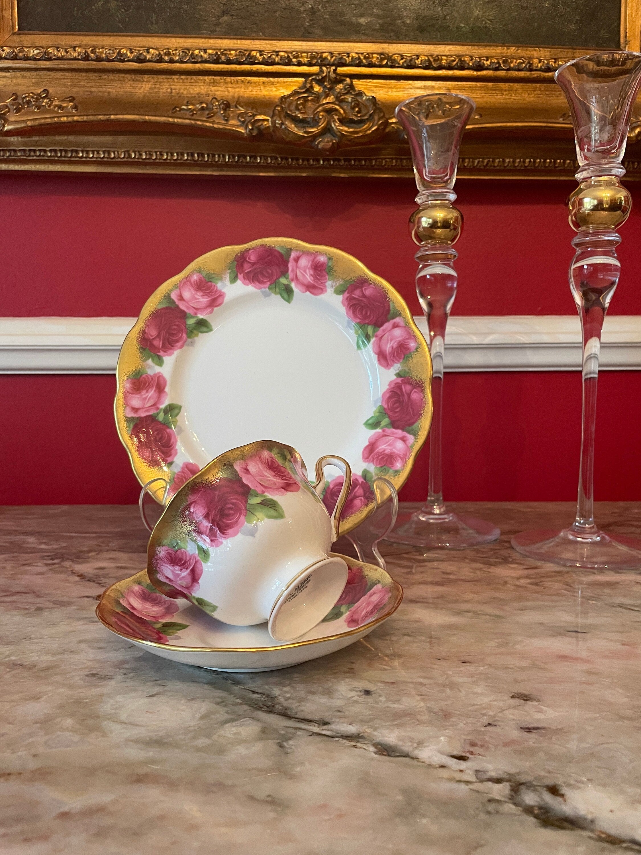 Vintage Set of 4 Royal Albert Gold Pink Floral Design Cups Saucers Dessert Plates.Made in England