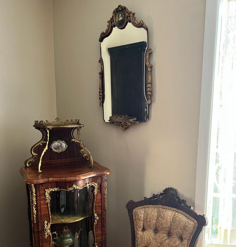 Antique Wall Mirror Victorian Style Ornate Frame Beveled Glass Portrait Detail Rococo Decor Hanging Mirror Carved Wood Gold Finish Accent