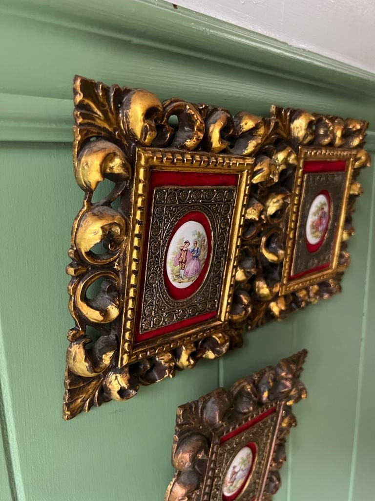Wall Art 1950s Baroque Fragonard Courting Couple Porcelain Cameo Art Plaque Rococo Style Gold Ornate Frame Romantic Vintage Decoration