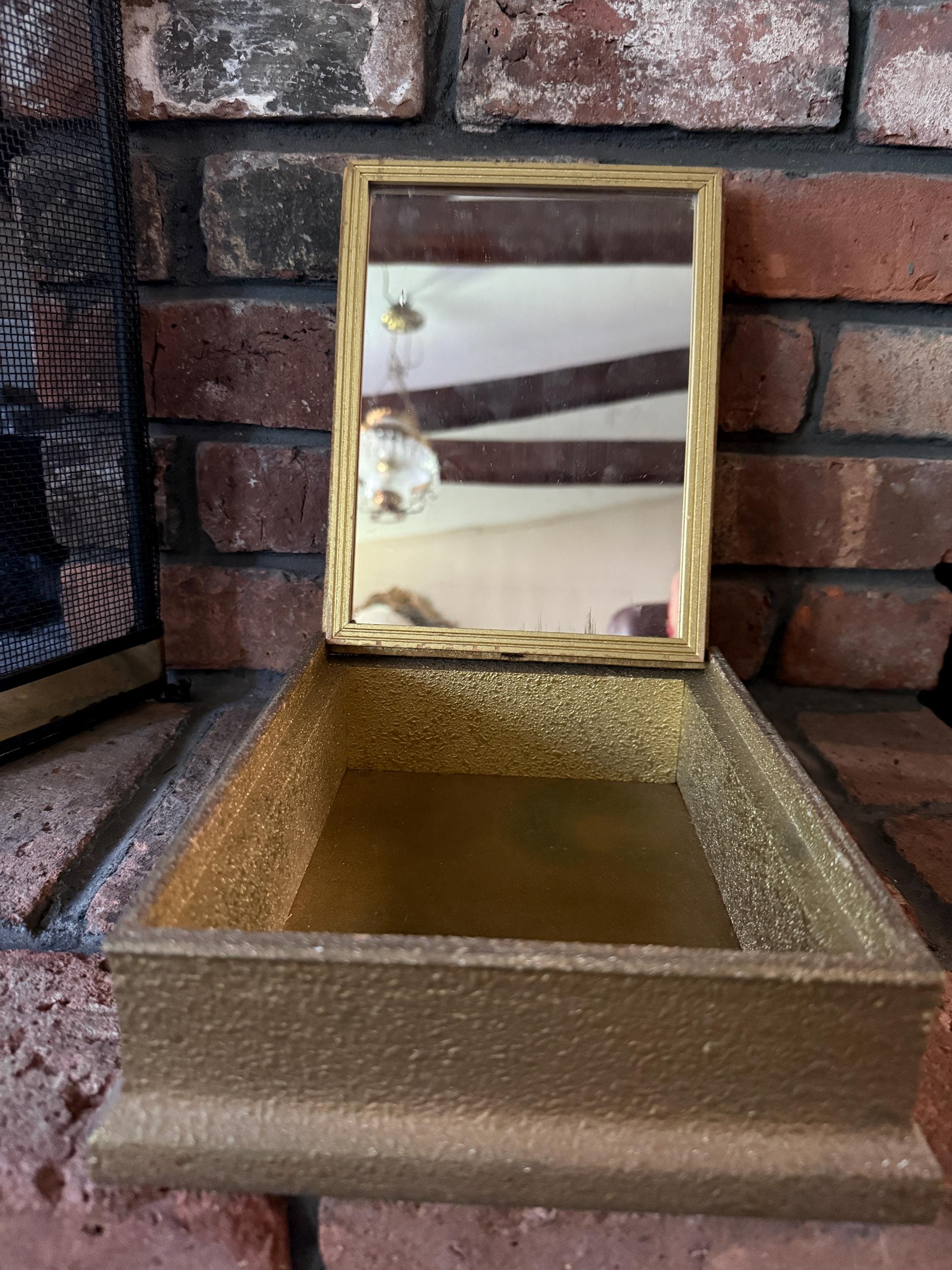 Vintage Gold Gilded Book-Shape Trinket Box  with mirror, Portrait Gold Gilded Trinket Box, Mother Child Portrait, Keepsake Jewelry Storage