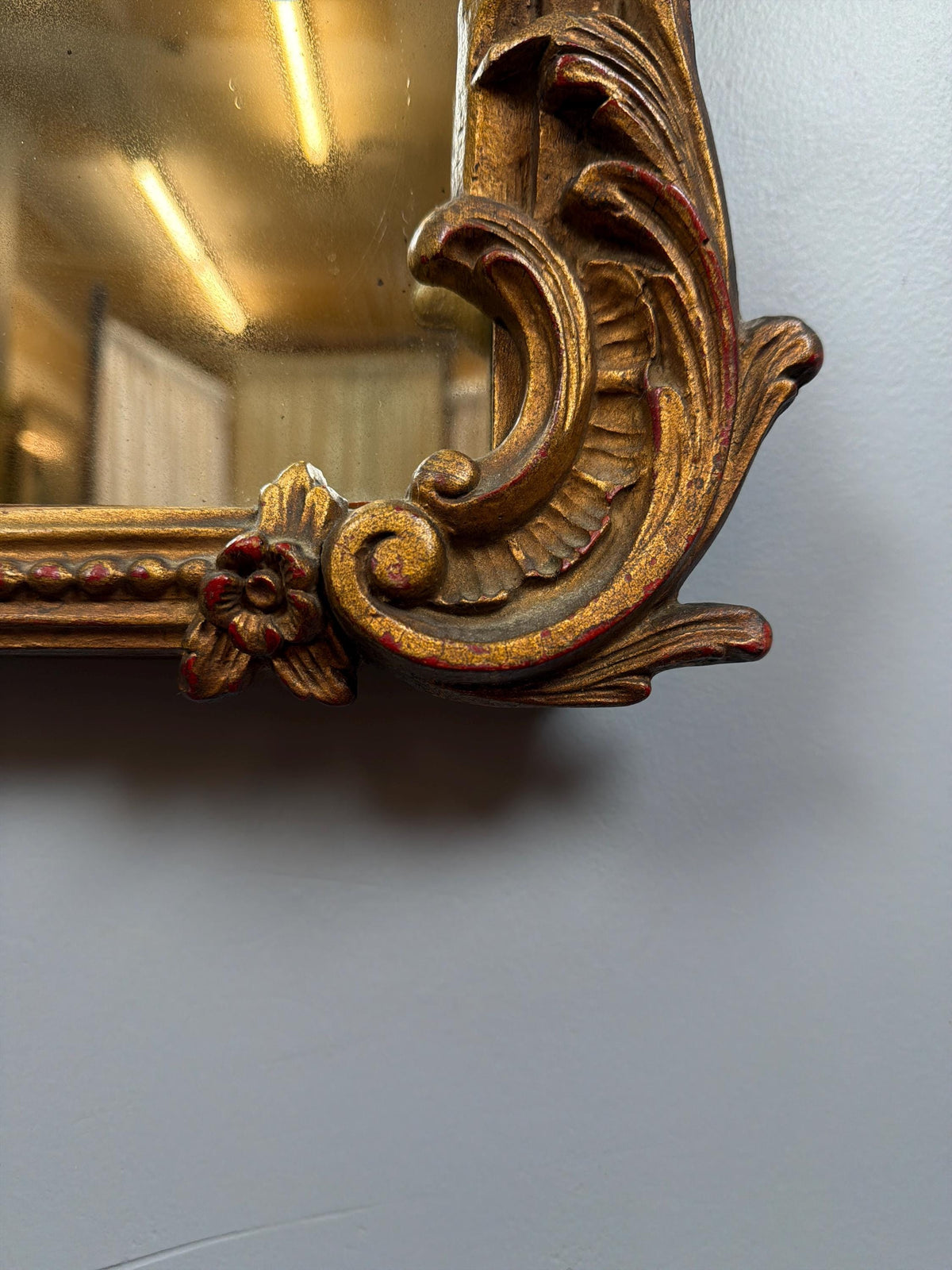 Tall Narrow Vintage French Louis XVI Wall Mirror Ornate Brown and Gold Carved Frame Entryway Mirror