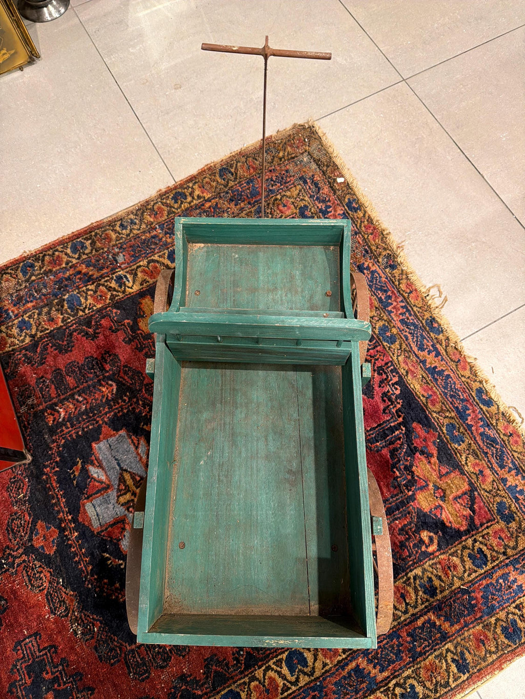 Antique Wooden Wagon Green Child Pull Wagon Primitive Farm Cart Rustic Farmhouse Decor Outdoor Planter