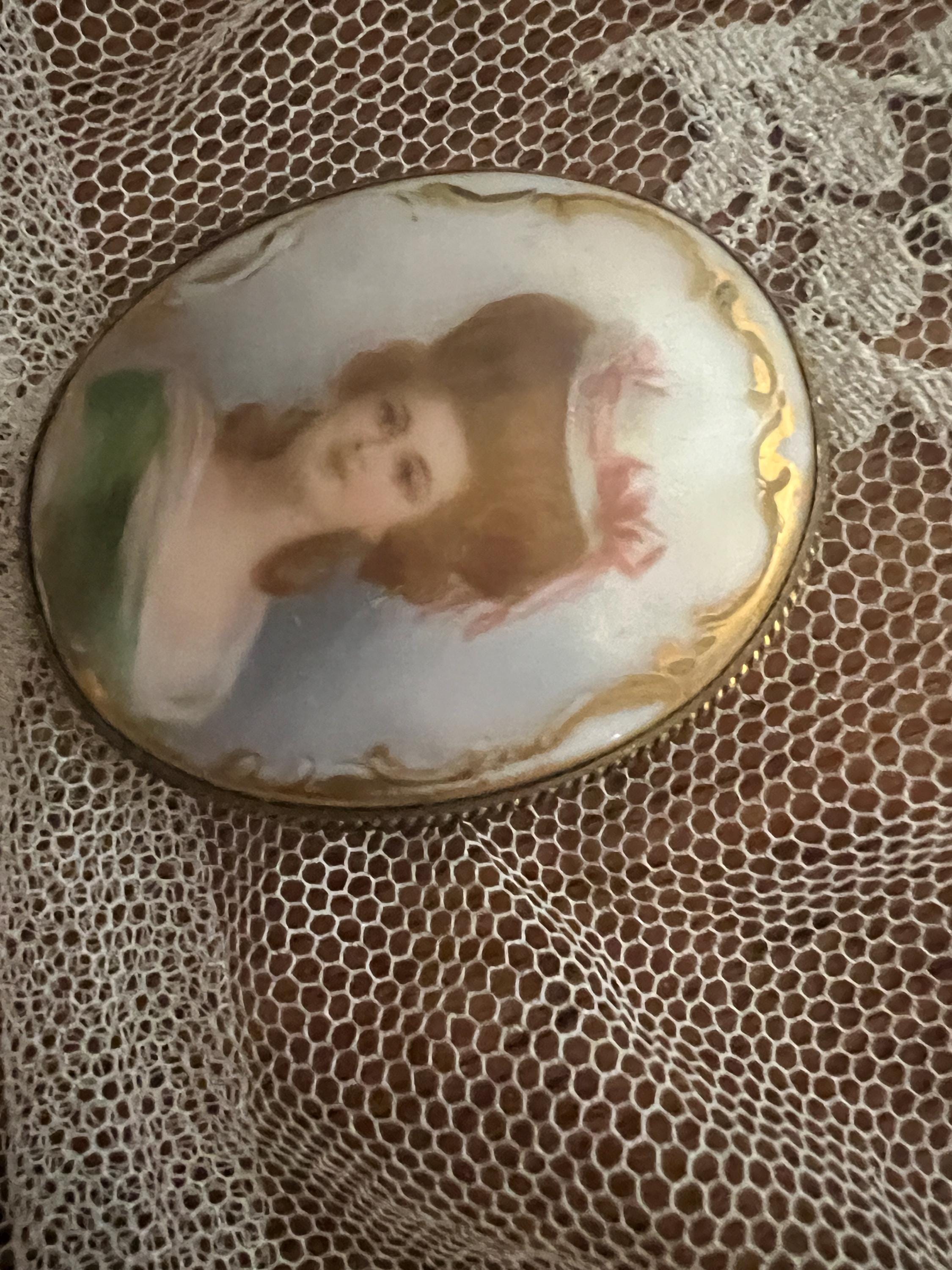 Antique Portrait Brooch Hand Painted Lady Green Dress Oval Porcelain Brass Frame Edwardian Jewelry Regal Vintage Collectible Cameo Style