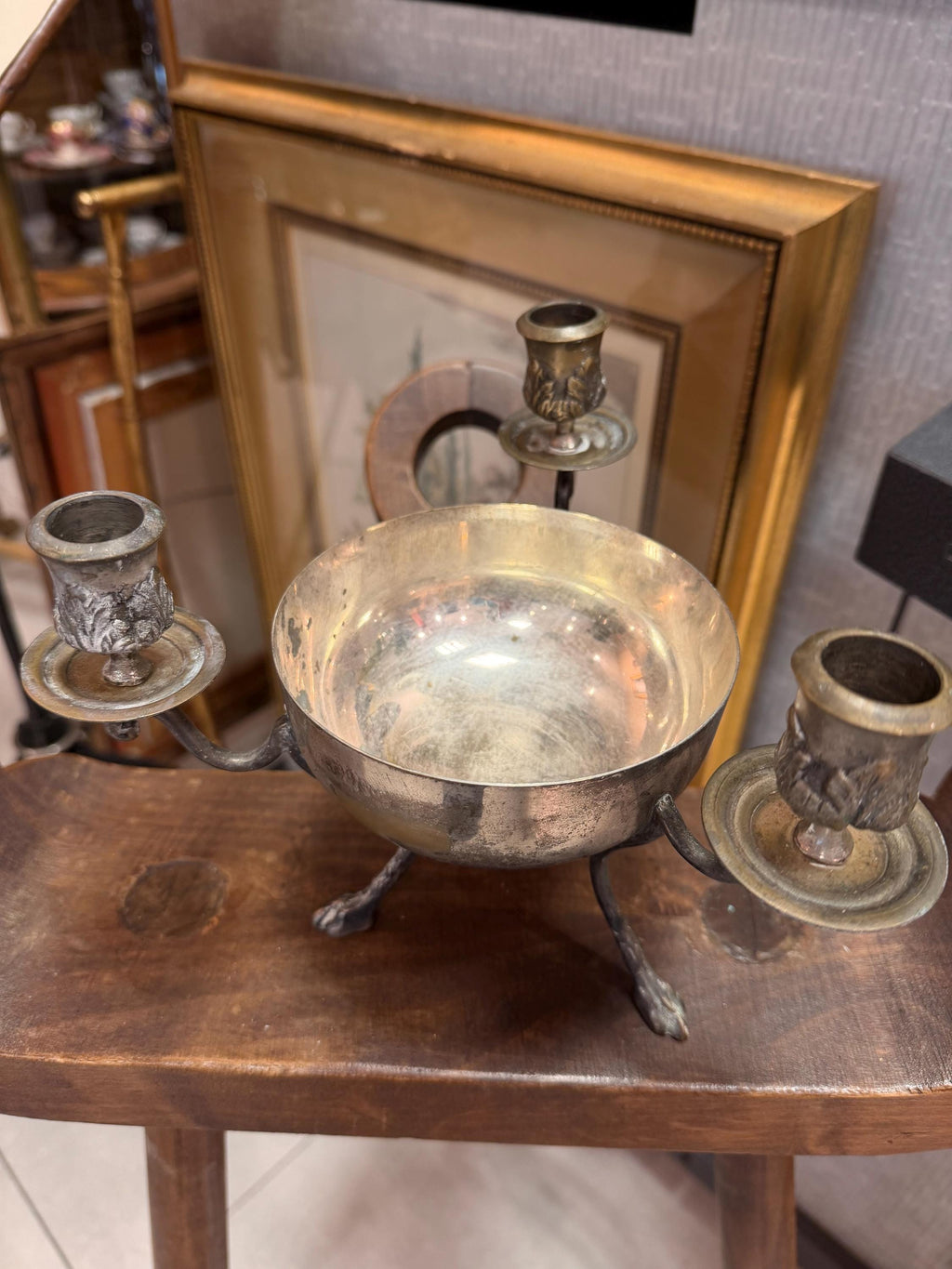 Antique Silver Plate Three Arm Candelabra Centerpiece Bowl with Paw Feet