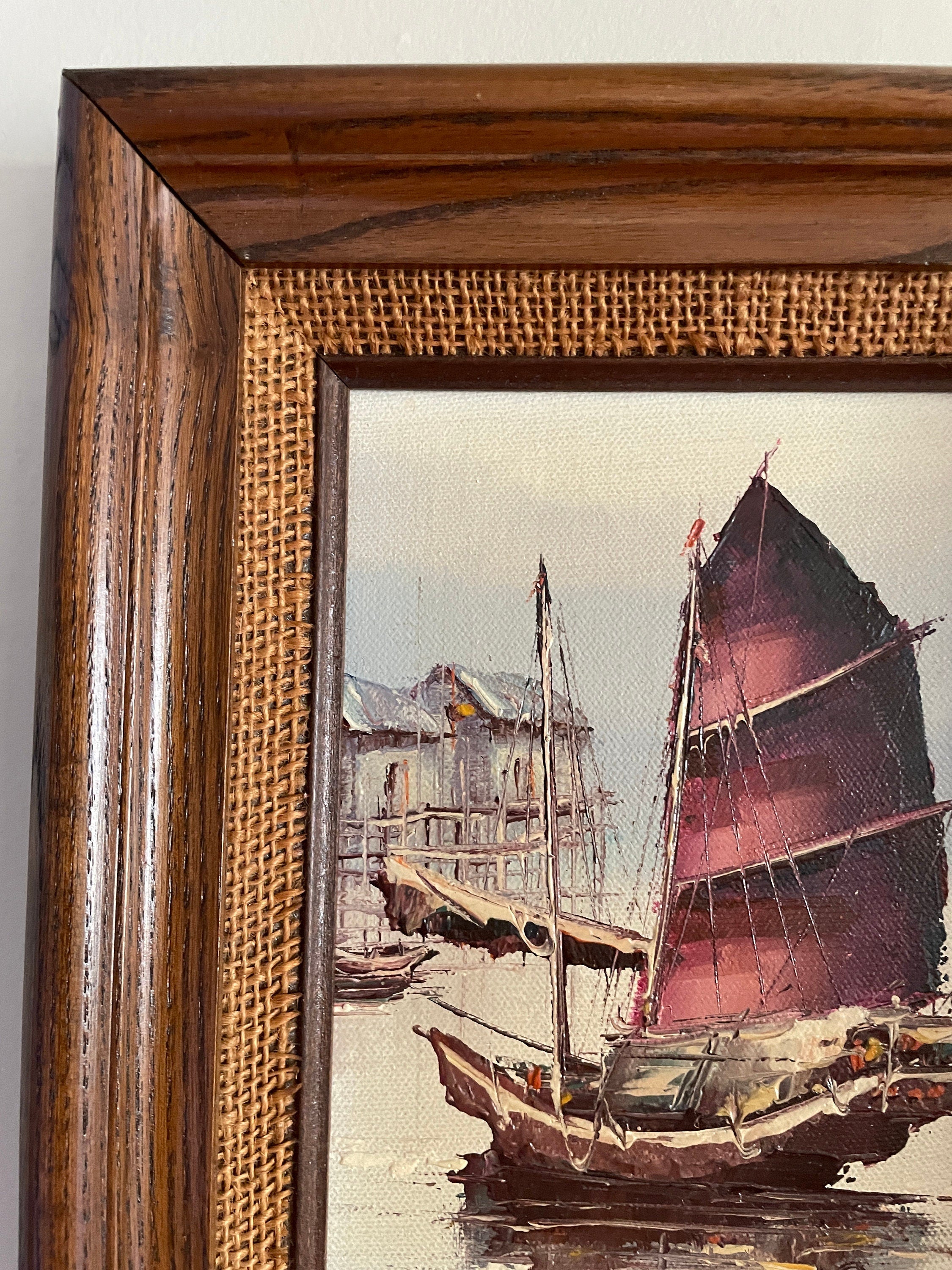 Vintage Framed Oil Painting Sailboat Artwork Coastal Scene Unique Decorative Wall Art Classic Home Décoration Elegant Maritime Wall Accent