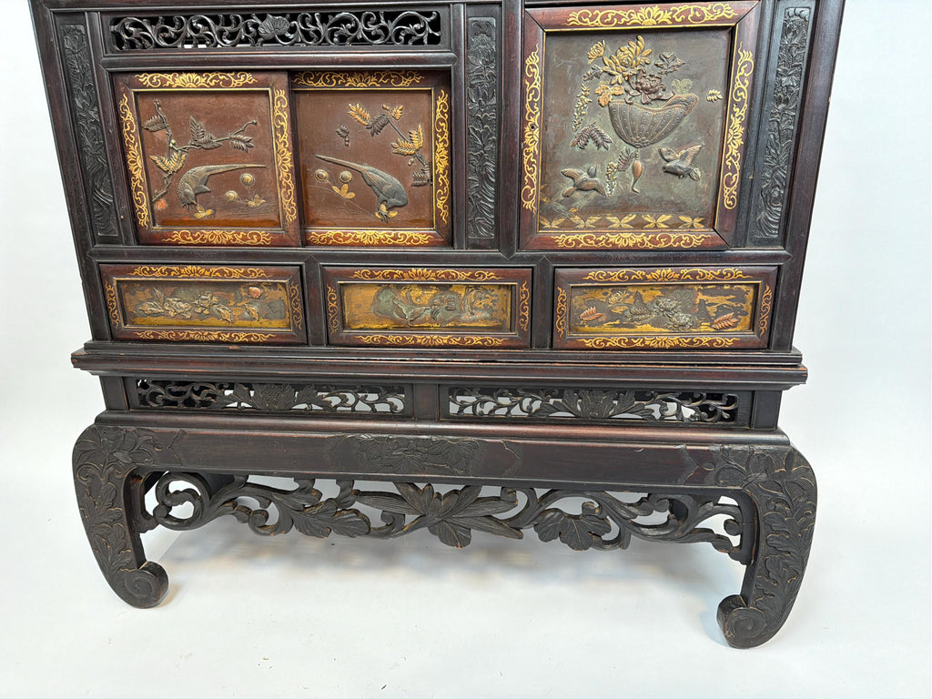 Antique Japanese Meiji Cabinet: Hand Carved Wood Birds, Floral Panels, Gilt Detail