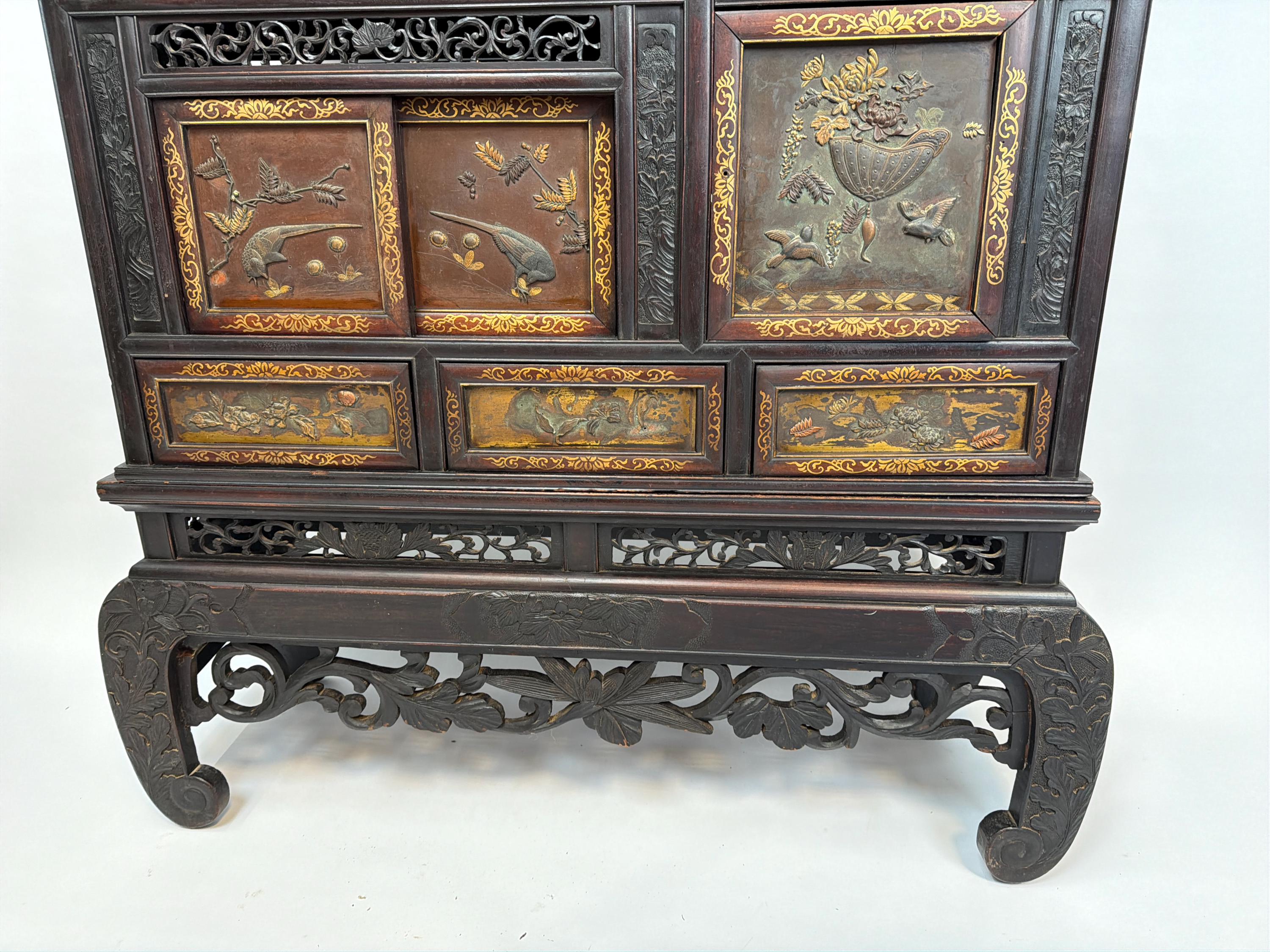 Antique Japanese Meiji Cabinet: Hand Carved Wood Birds, Floral Panels, Gilt Detail