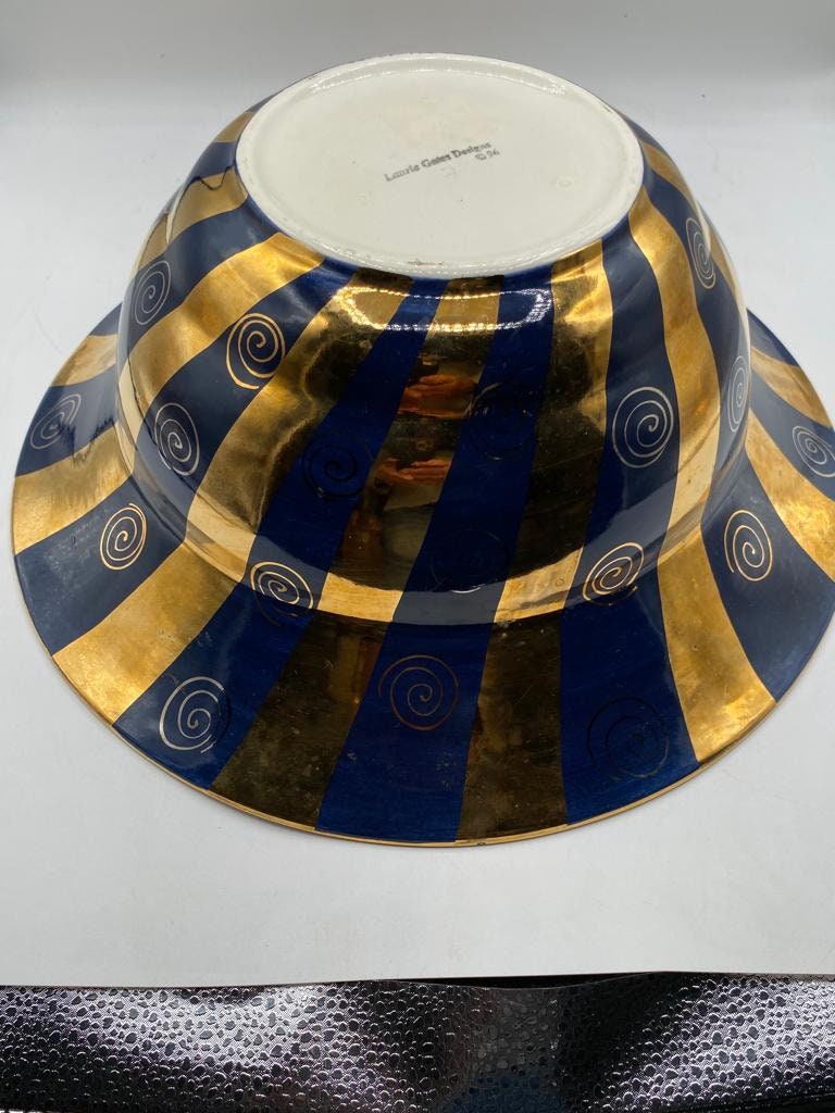 Vintage Laurie Gates Large Bowl 1996 Ceramic Art Blue Gold Spiral Striped Statement Decorative Piece Dining Table Centerpiece Unique Elegant