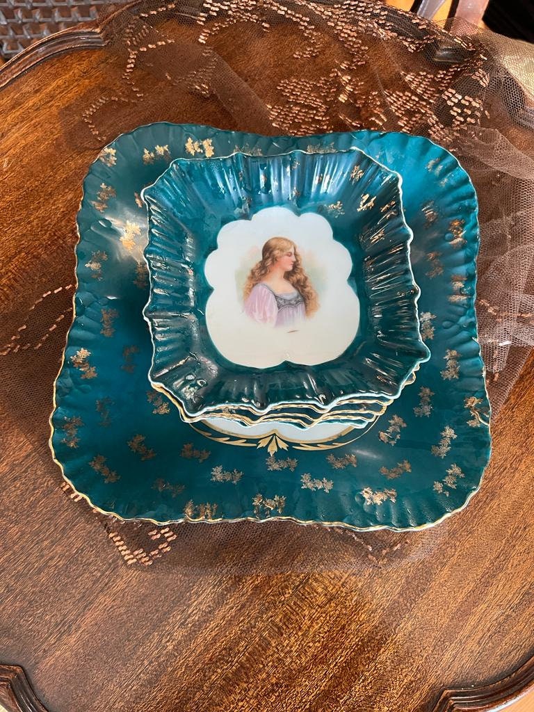 Antique Teal Porcelain Plate Set Hand Painted Lady Portrait Gold Gilded Victorian Decorative Dishware French Style Unique Wall Display