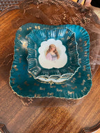 Antique Teal Porcelain Plate Set Hand Painted Lady Portrait Gold Gilded Victorian Decorative Dishware French Style Unique Wall Display