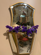 Vintage Italian Hand Painted Reverse Glass Wall Pockets, Gilt Trim Mirror Sconces