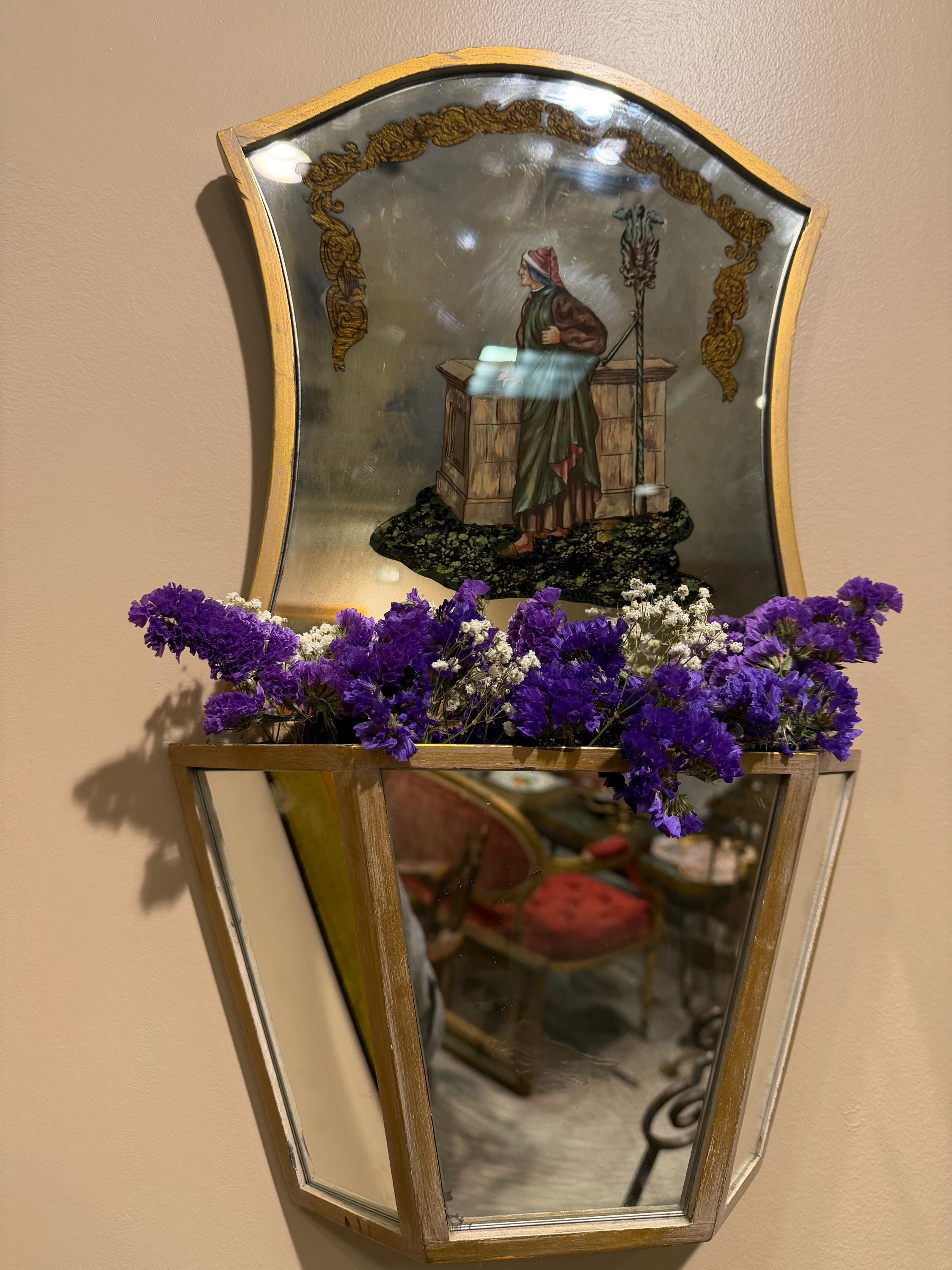 Vintage Italian Hand Painted Reverse Glass Wall Pockets, Gilt Trim Mirror Sconces