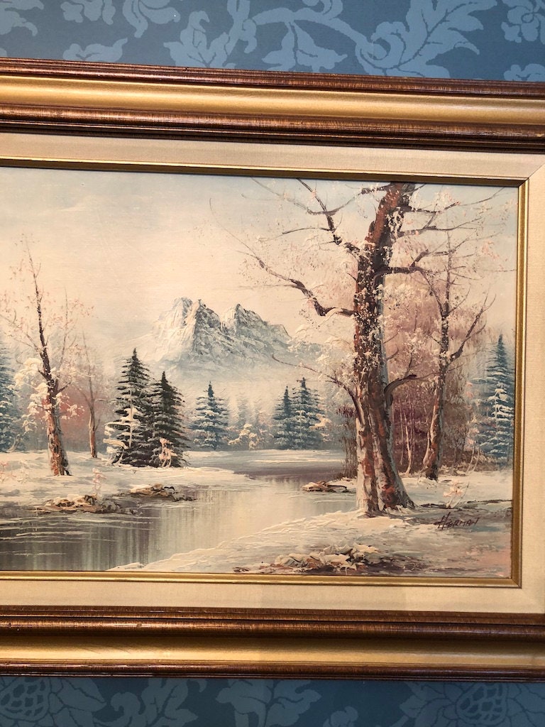 Vintage Oil Painting Winter Scene Snowy Art Landscape Wooden Framed Wall Art Gold / Brown Wood Frame Signed