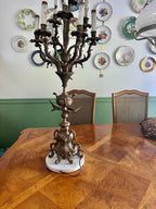 1800s Antique Gilt Ornate Brass 9 Light Italian Candelabra Electrified on Marble Stand