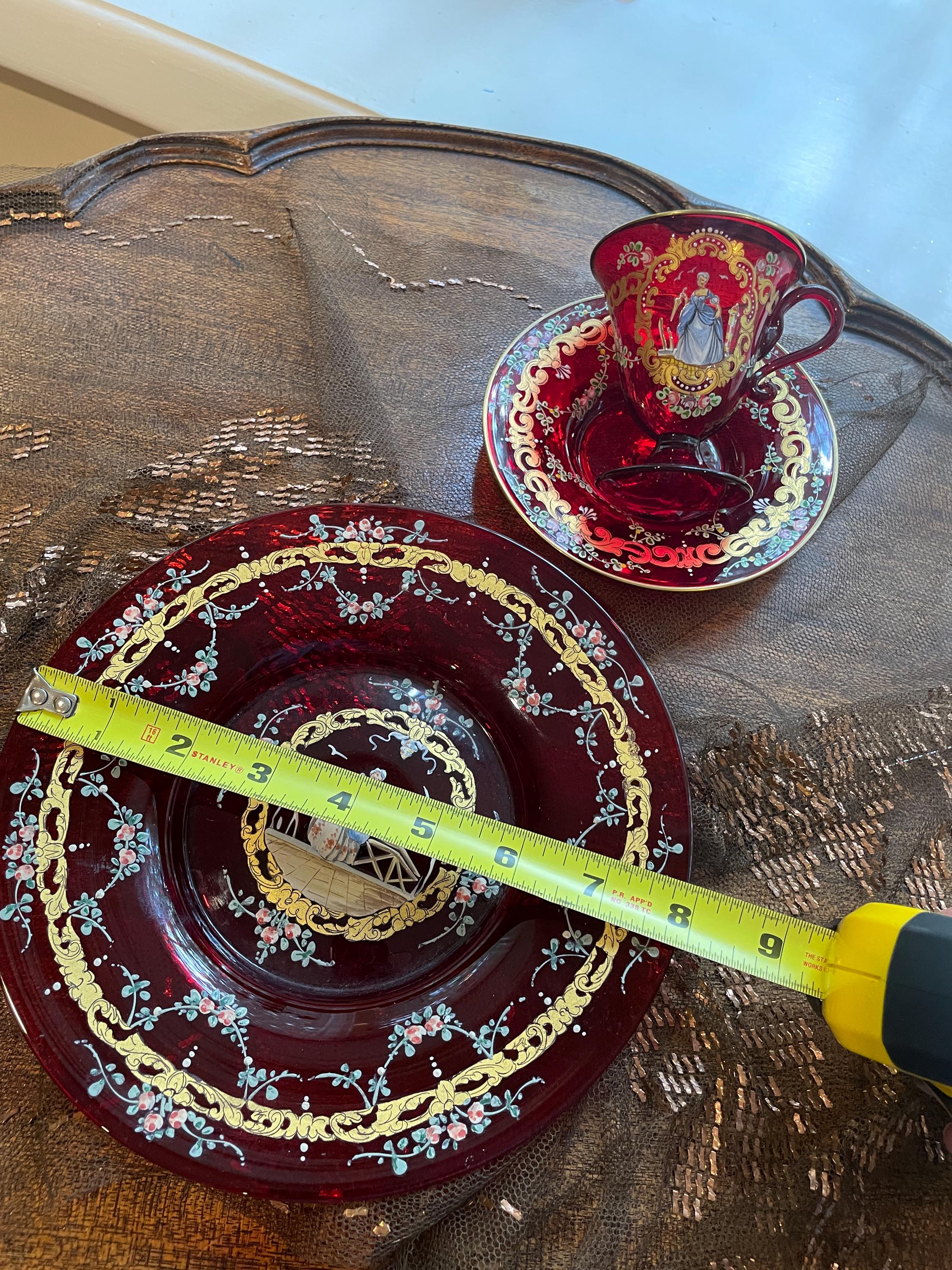 Bohemian Cranberry Glass Demitasse Cup Saucer Plate Set Gold Gilt Hand Painted Portrait Rococo Style Antique Display Tableware Décor