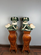 Vintage Green Glazed Foo Dog Pair, 16" Chinese Guardian Lions, Hollywood Regency Chinoiserie Statues