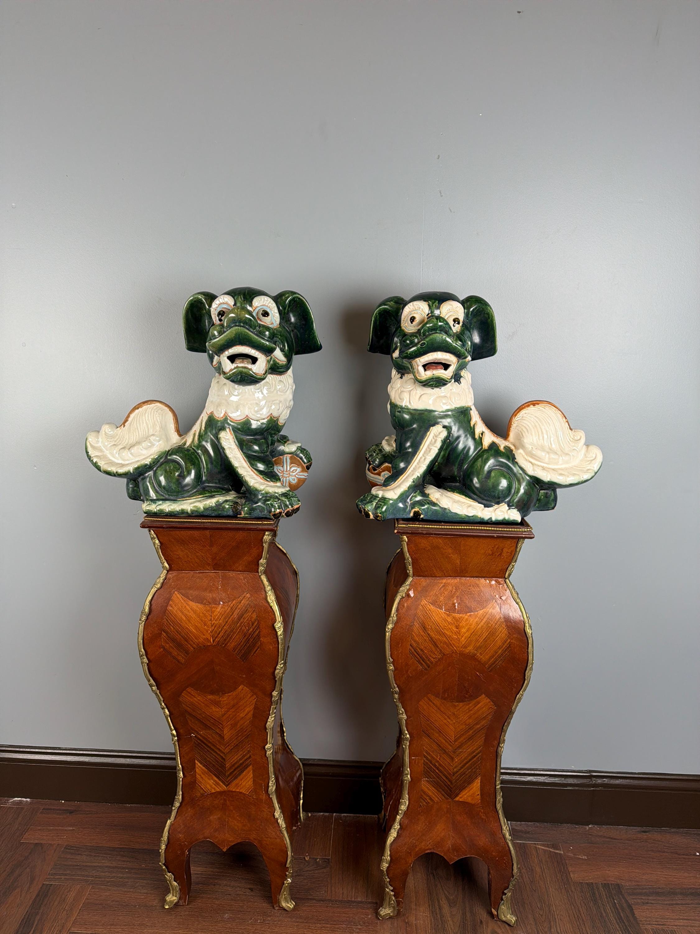 Vintage Green Glazed Foo Dog Pair, 16" Chinese Guardian Lions, Hollywood Regency Chinoiserie Statues