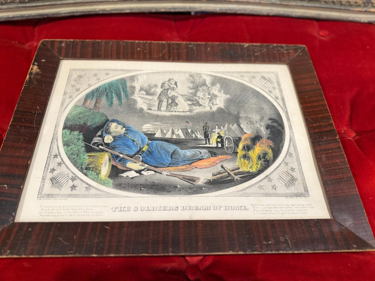 Antique Currier & Ives “The Soldier’s Dream of Home” 1860s Original Hand-Colored Lithograph Civil War Era Medium Folio, Antique Framed Print