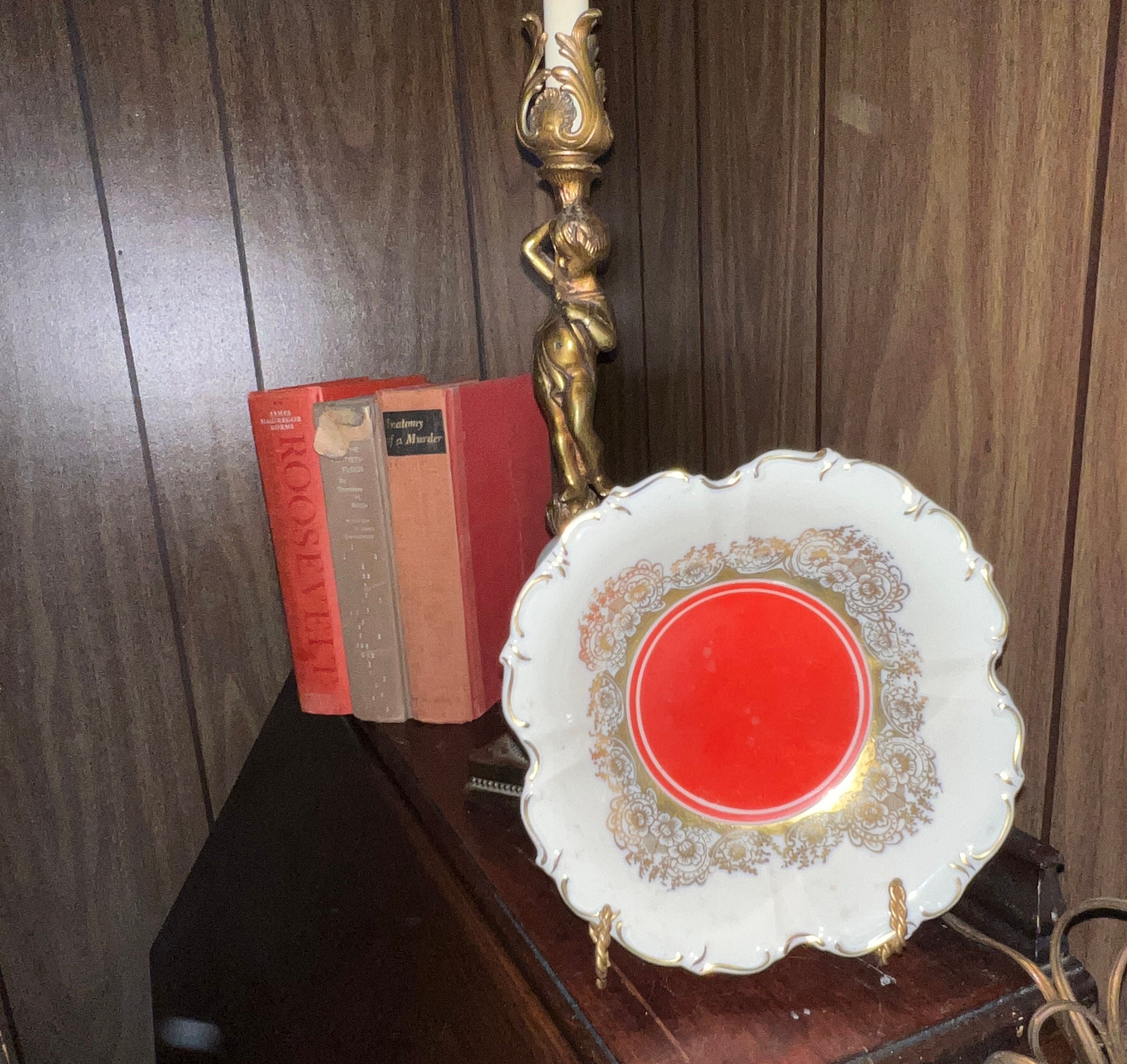 Vintage Red Gold Porcelain Decorative Plate Ornate Floral Baroque Scalloped Edge French Style Display Collectible Antique Home Decoration
