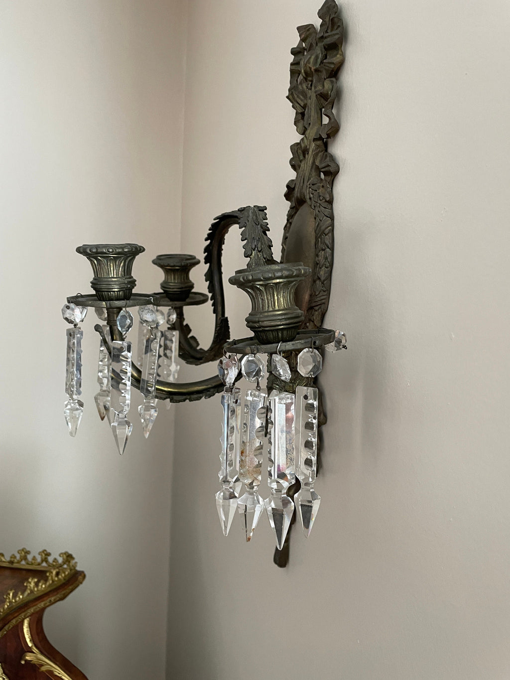 Pair of Antique 19th Century French Bronze Cut Crystal Prism 3 Arm Candlestick Wall Sconces Candelabra