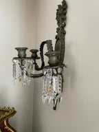 Pair of Antique 19th Century French Bronze Cut Crystal Prism 3 Arm Candlestick Wall Sconces Candelabra