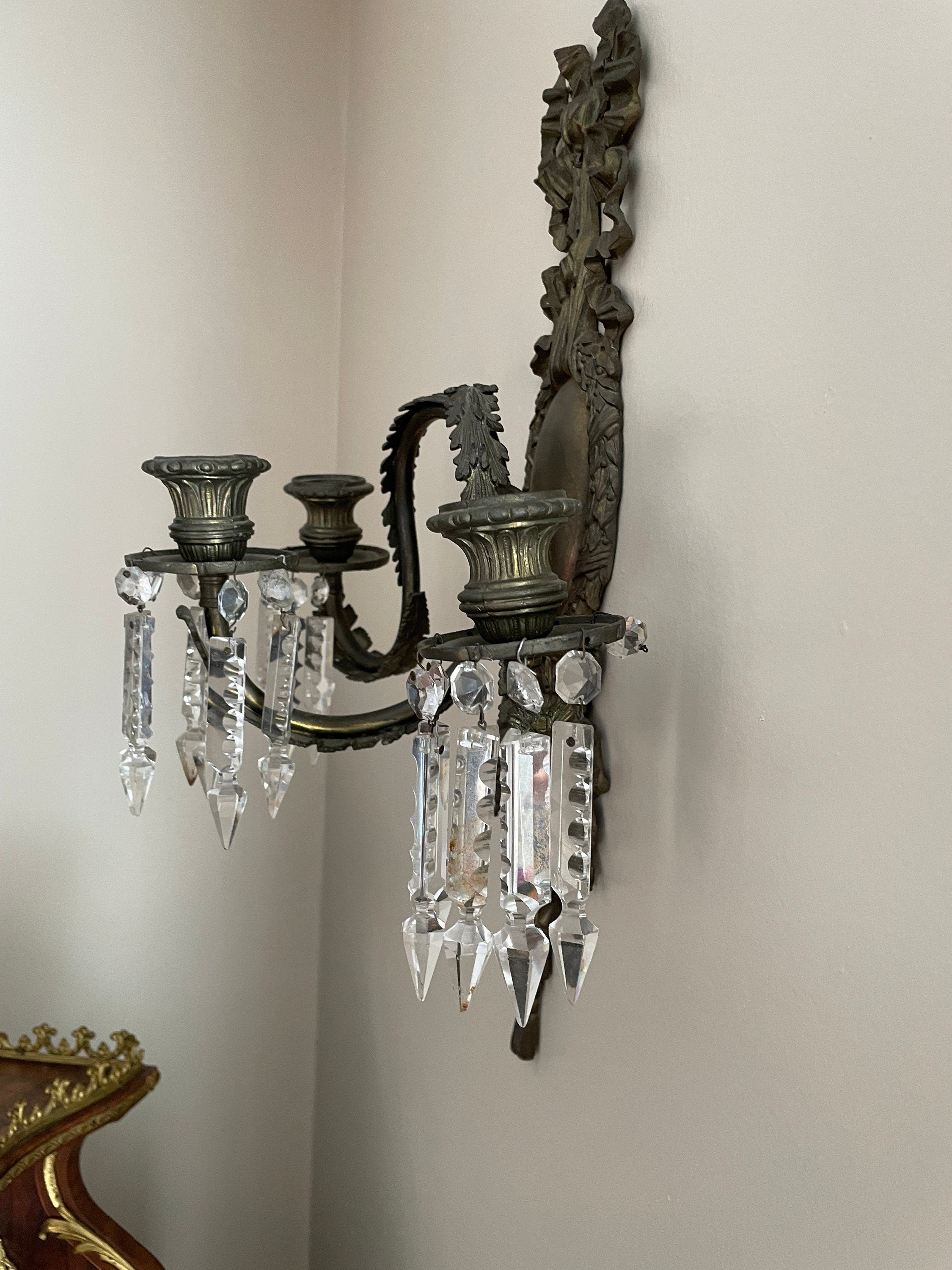 Pair of Antique 19th Century French Bronze Cut Crystal Prism 3 Arm Candlestick Wall Sconces Candelabra