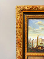 Antique Gilt Wood Mirror with Venetian Scene Painting, Ornate Gold Frame