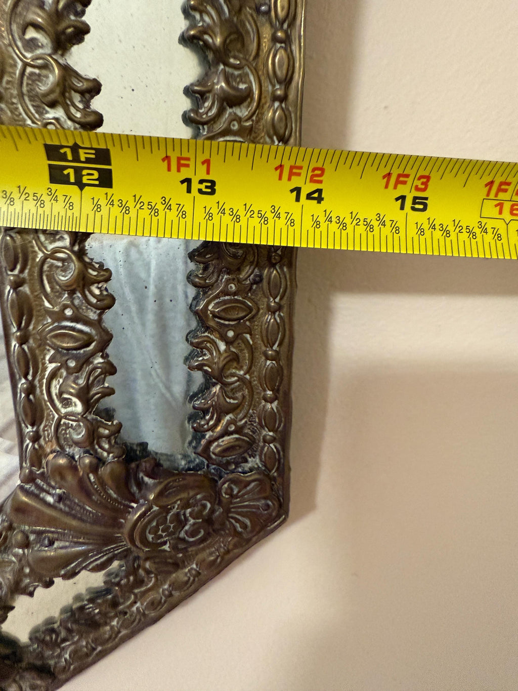 Antique French Bronze Rococo Mirror, Ornate Floral Crest, Beveled Glass