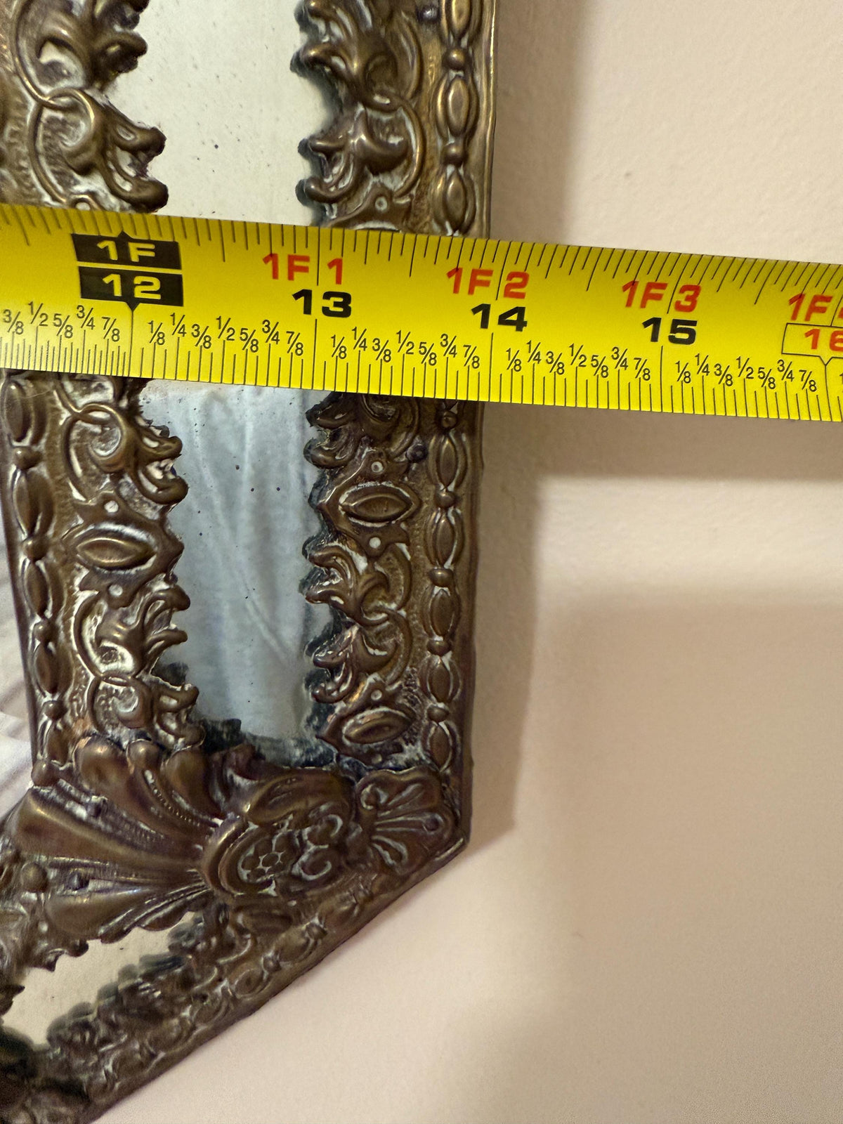 Antique French Bronze Rococo Mirror, Ornate Floral Crest, Beveled Glass