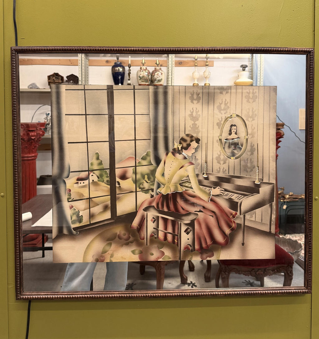 Vintage Art Deco Picture Mirror Lady at Piano Reverse Painted Airbrushed Boudoir Wall Mirror