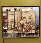 Vintage Art Deco Picture Mirror Lady at Piano Reverse Painted Airbrushed Boudoir Wall Mirror