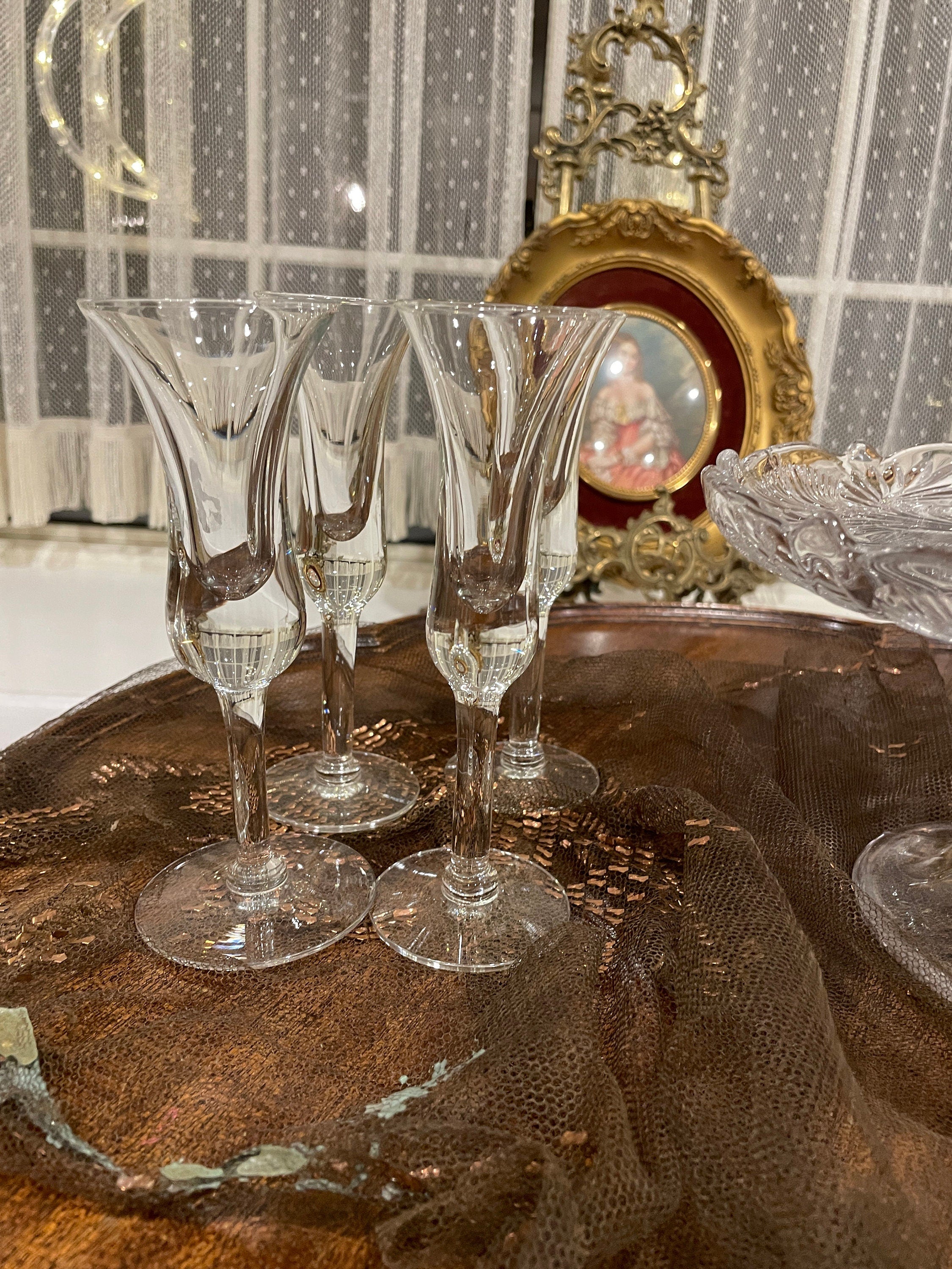 Vintage MCM Set of 5 Unique Glass Cake Stand & Cordial Liqueur Shot Glasses Glassware Set