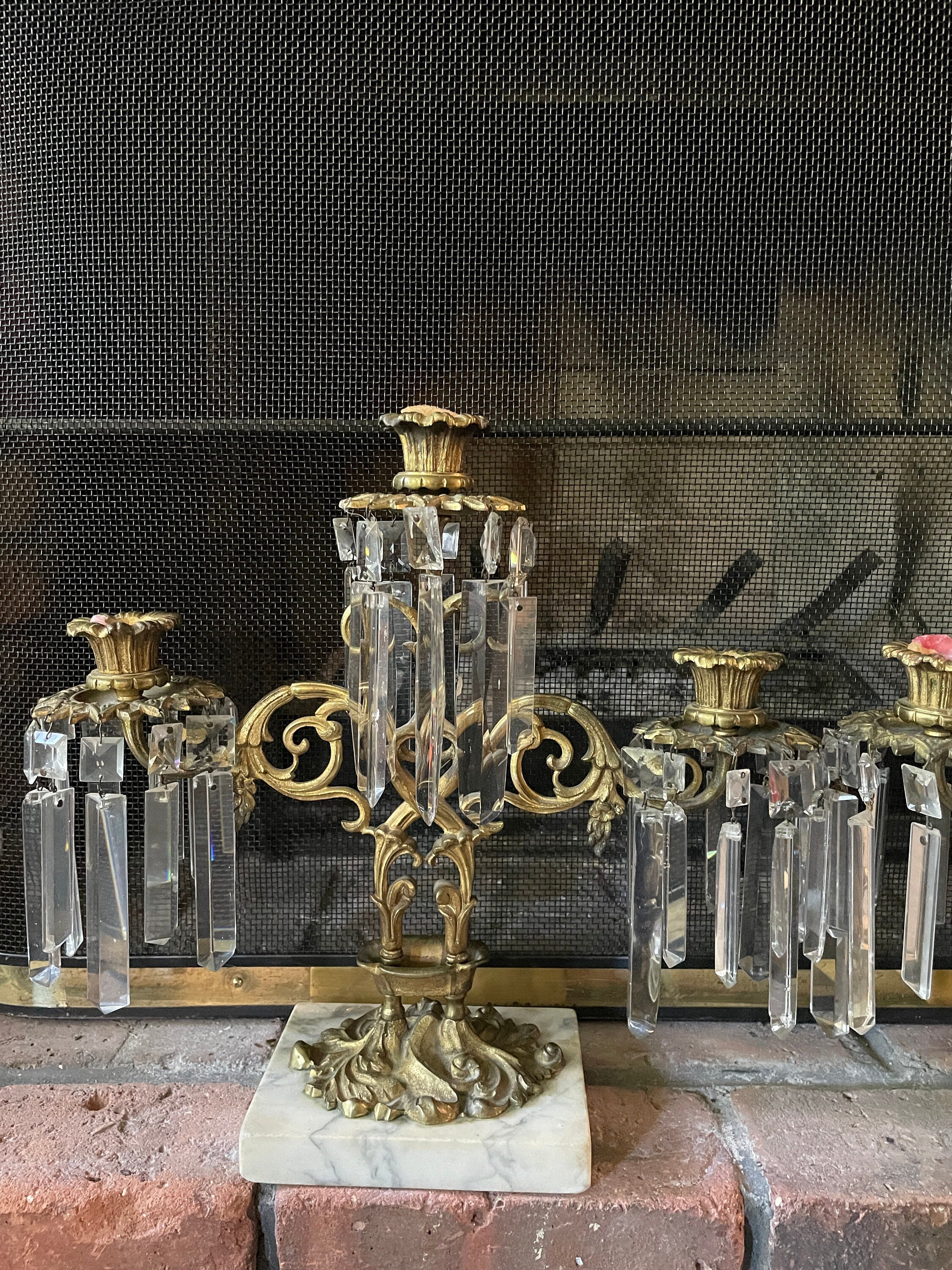 Pair of Antique French Empire Gilt Bronze Crystal Candelabras Elegant 6 Arm Candlesticks Stunning Mantel Decor Circa 1850 Rare Find Elegance