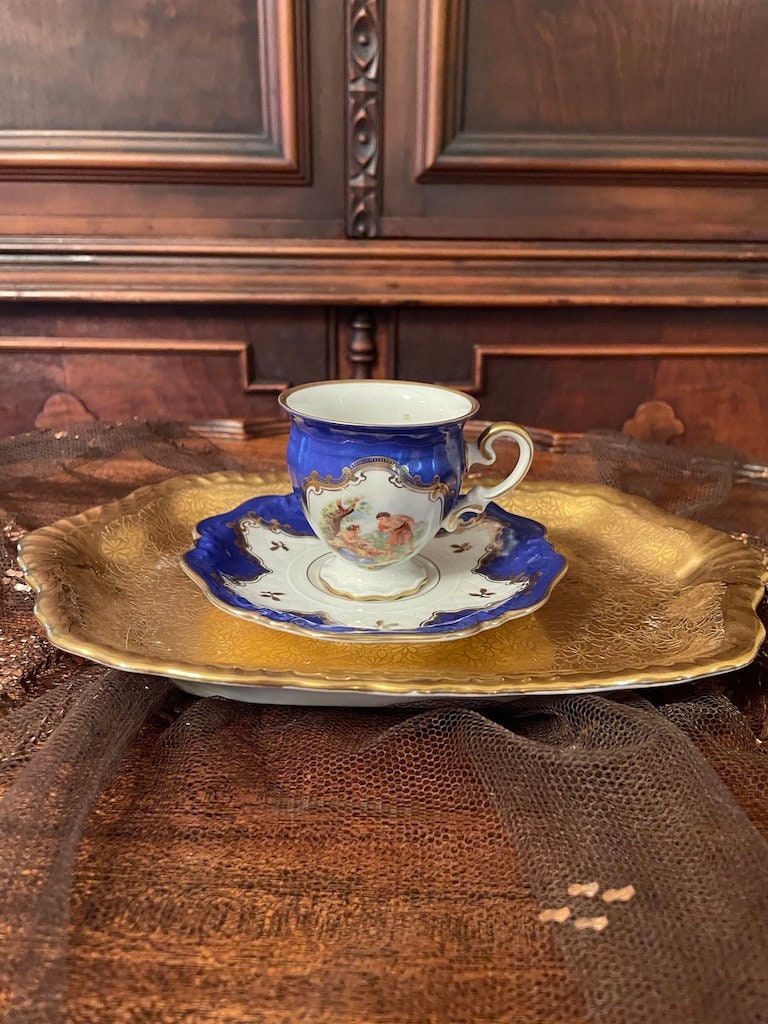 Antique Hand Painting Cobalt Blue Collectible  Porcelain  Coffee Cup & Saucer
