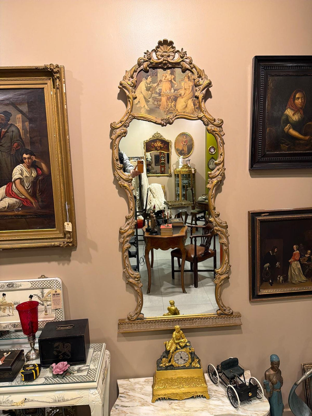 Large French Rococo Gilt Wall Mirror, Figural Print, Baroque Revival Style with Marble Stand