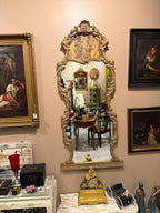 Large French Rococo Gilt Wall Mirror, Figural Print, Baroque Revival Style with Marble Stand