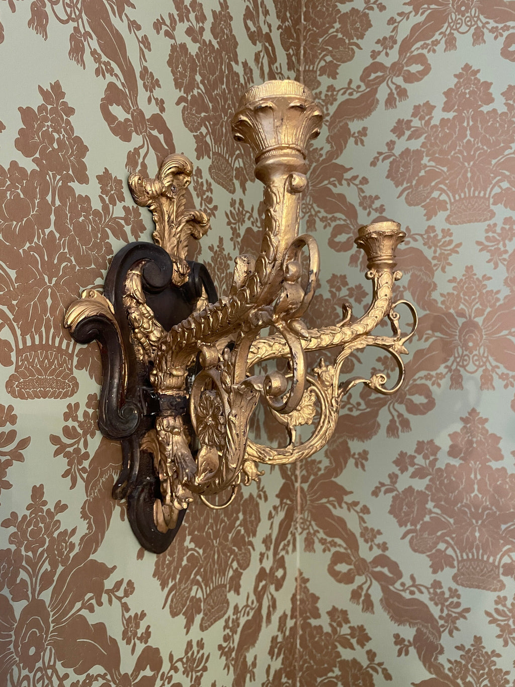 Pair of Vintage Heavy Gold Cast Iron Candlestick  Wall Sconces