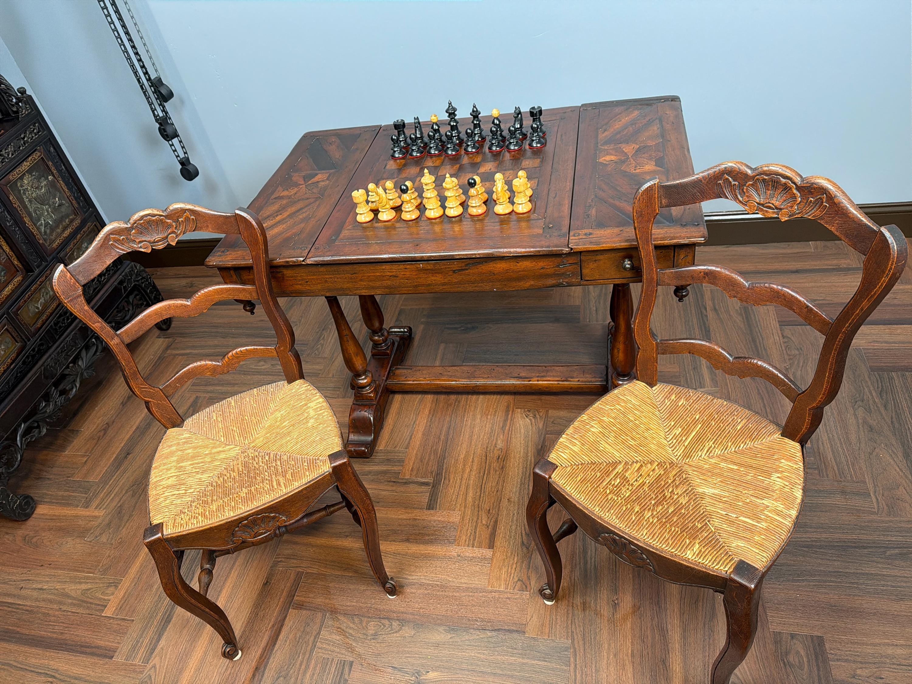 Antique Handcarved Walnut Chess Table, Backgammon Game by Theodore Alexander