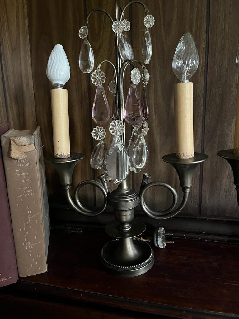 Vintage Crystal Drop Electric Candelabra Pair Elegant French Style Table Lamps Brass Base Chic Lighting Accent Romantic Decor Statement