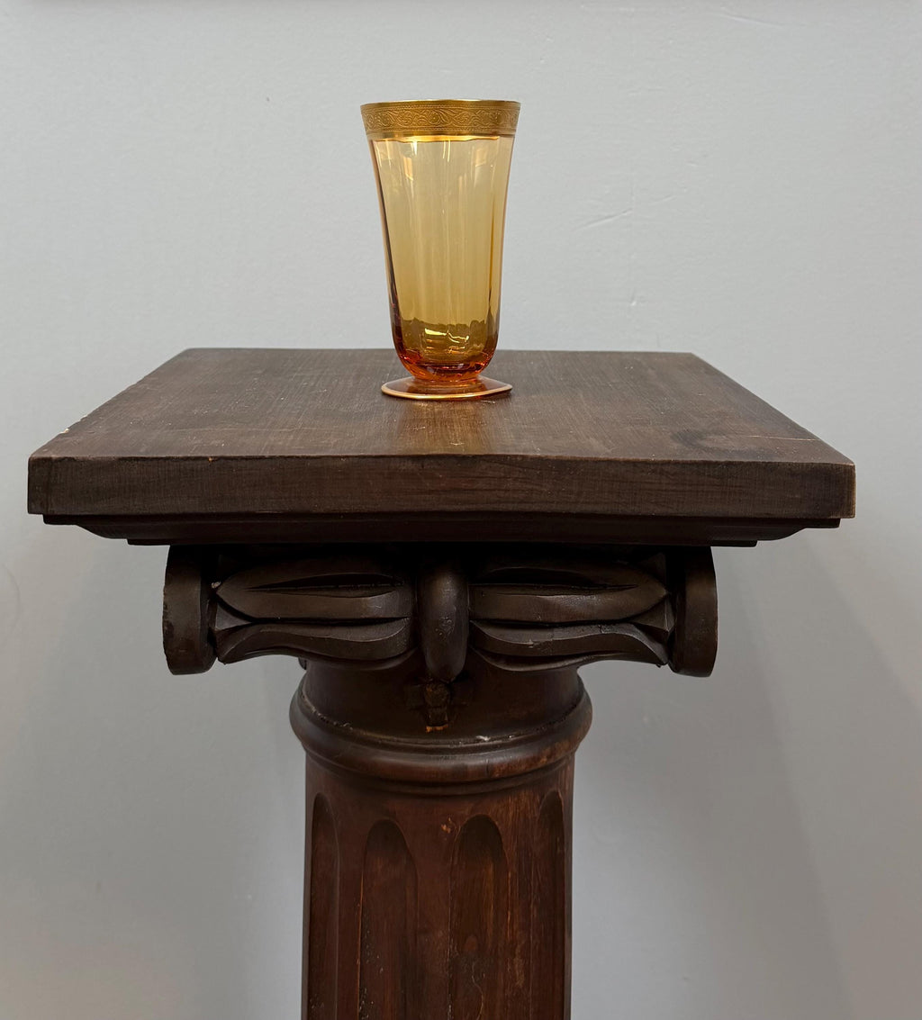 Vintage Amber Glass Tumblers Set of 7 Gold Rim Two Patterns Highball Glasses Mid Century Barware Honey Gold Drinkware