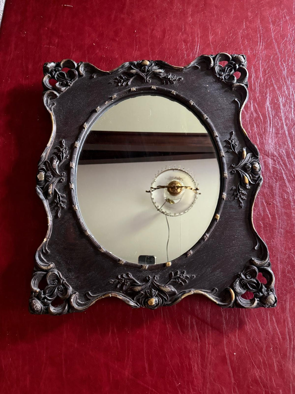 Antique Victorian Wall Mirror Ornate Carved Oval Mirror Gilded Accents Gothic Gesso Rococo Decor Dark Wood Baroque French Luxurious Mirror