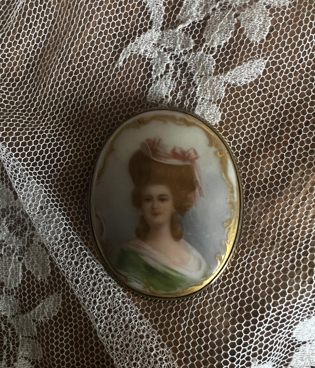 Antique Portrait Brooch Hand Painted Lady Green Dress Oval Porcelain Brass Frame Edwardian Jewelry Regal Vintage Collectible Cameo Style